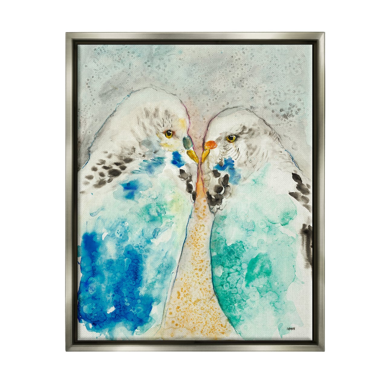 Stupell Industries Pair Blue Parakeets Birds Dotted Watercolor Detail Framed Floater Canvas Wall Art